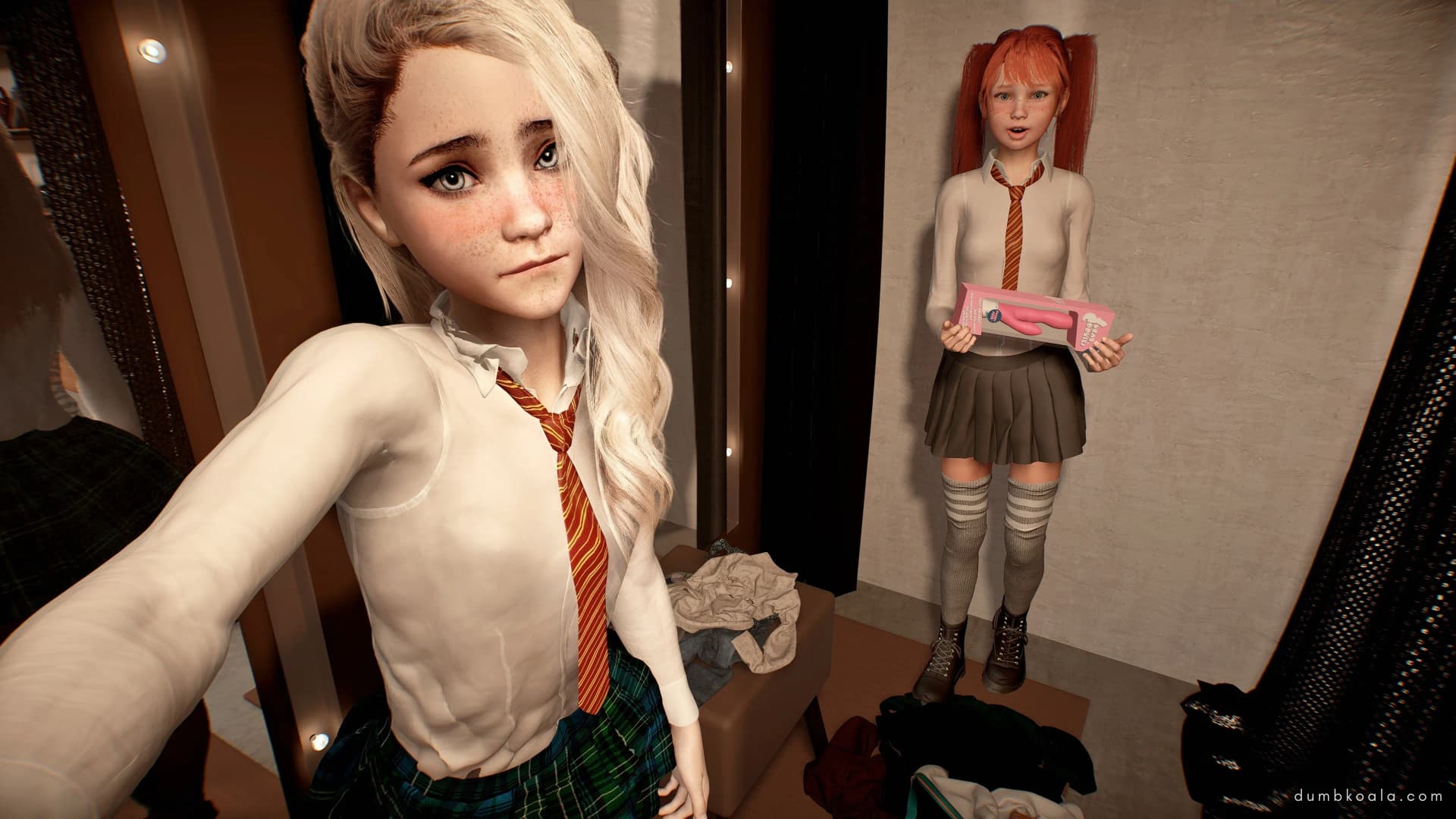 We made it to the changing room! We just grabbed a load of random outfits. 

But pervert Effy found something else 🥵

Should we get dressed or...? 💦