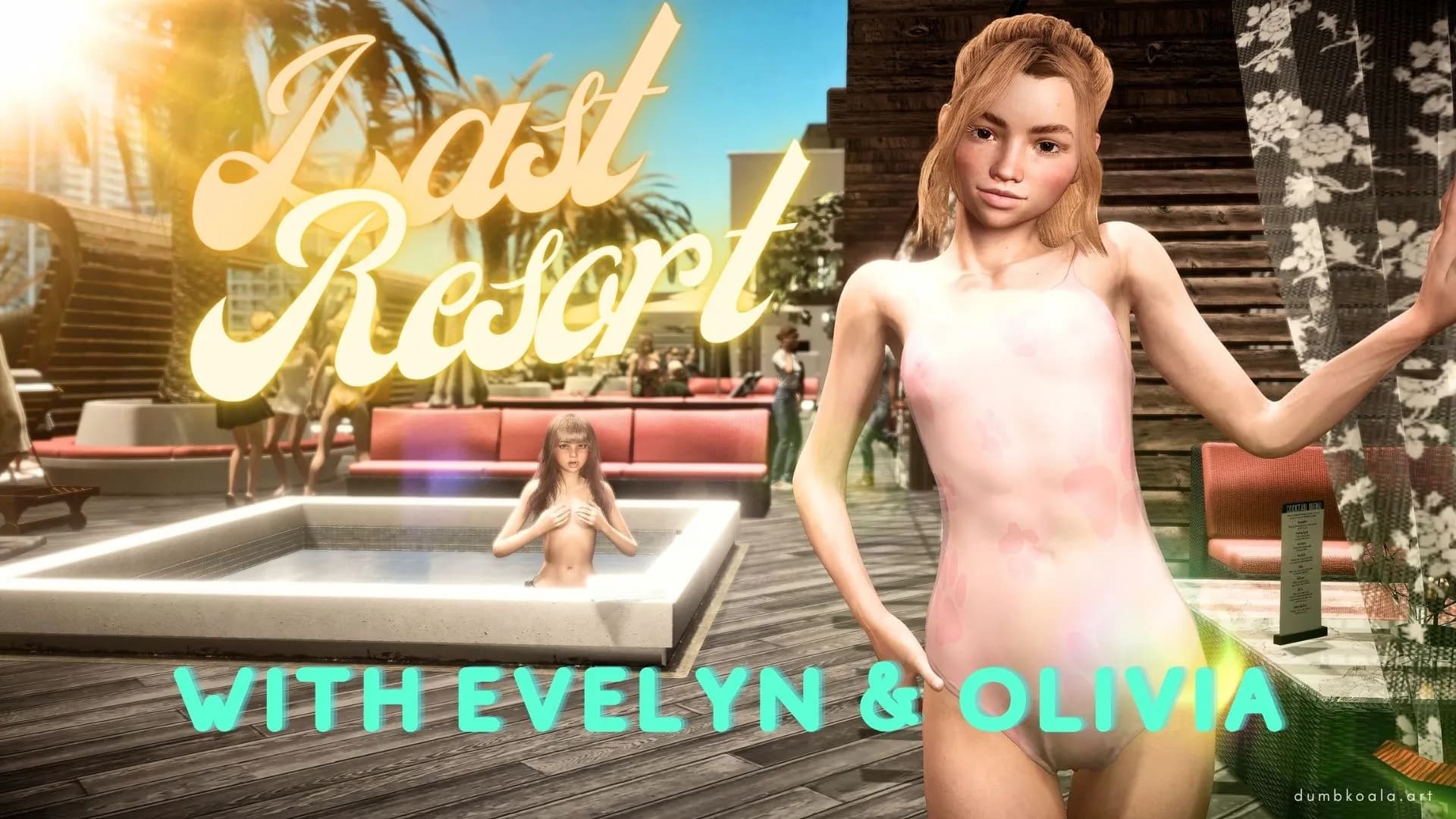 Last Resort Out Now 🌴😎🥵💦

Evelyn is taking a break at a fancy hotel pool bar (that's owned by Clara's family).

From her booth she has a great view of one of the hot tubs, and she spies the super sexy Olivia taking some selfies. Olivia gets a little carried away and soon the bikini is off and her selfies turn very naughty indeed.

Of course, Evelyn gets all hot and bothered and more than a little needy in her cute one-piece. Fingers soon find a way to soothe that ache...

Will Olivia catch Evelyn spying on her? Of course she will!

Cum feel the heat with Olivia and Evelyn now...