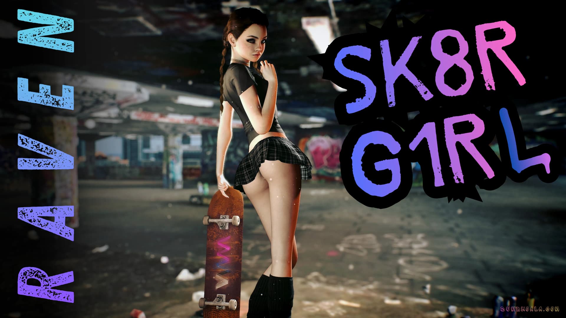 Raven rolls into the skate park with her board, fearless and charged.
She pulls off gritty tricks and then takes a breath on a battered sofa.